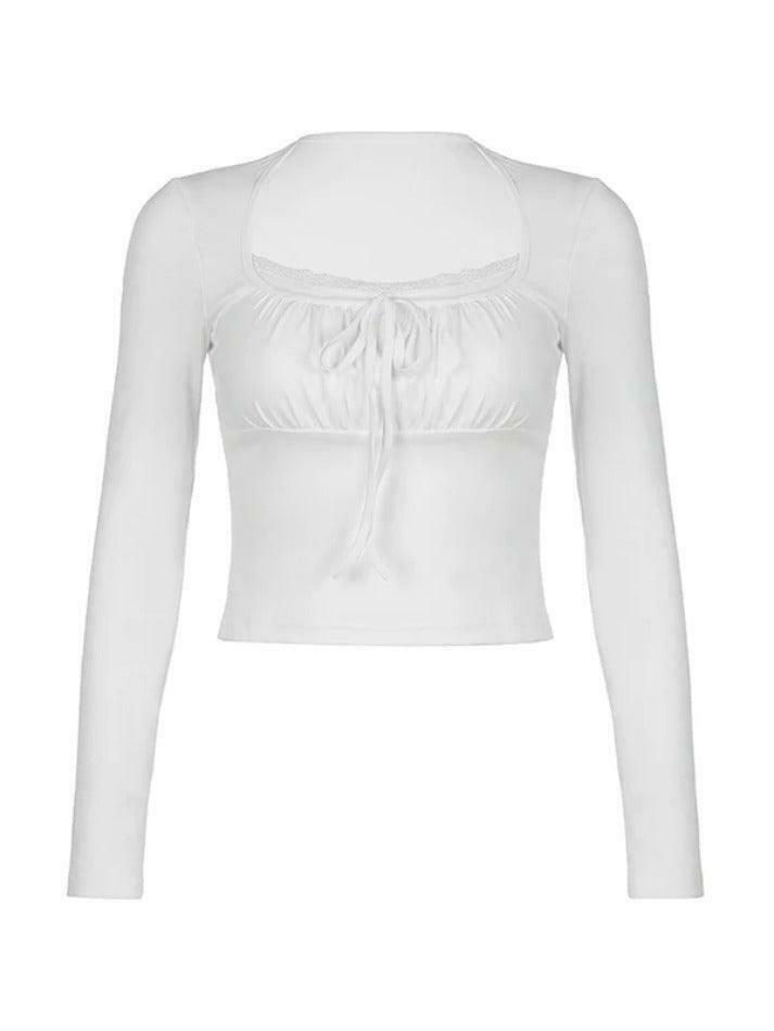 Y2K Lace Trim Shirred Lace Up Long Sleeve Tee - Coquette Aesthetic Grunge Style Fashion