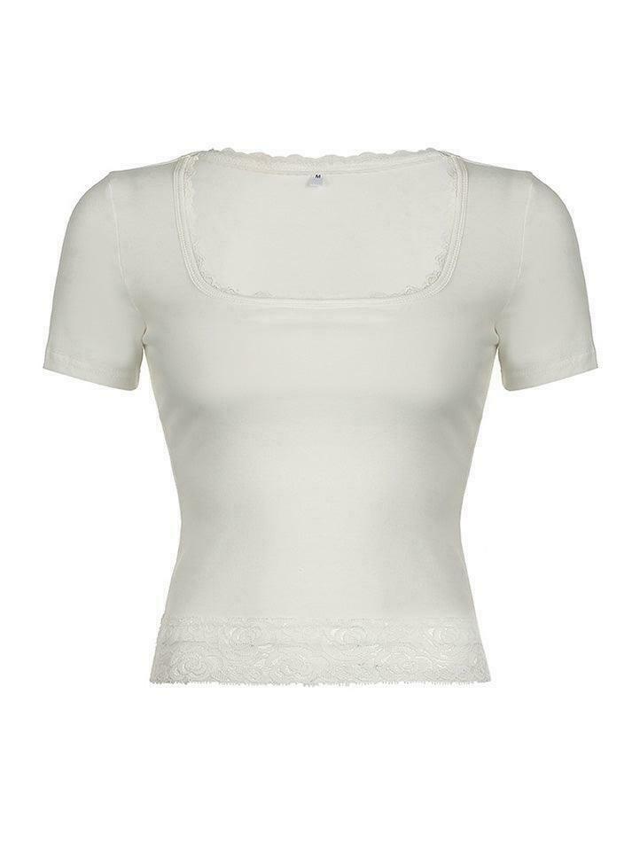 Y2K Lace Trim Square Neck Crop Tee - Coquette Aesthetic Grunge Style - Cute Pastel Goth Top