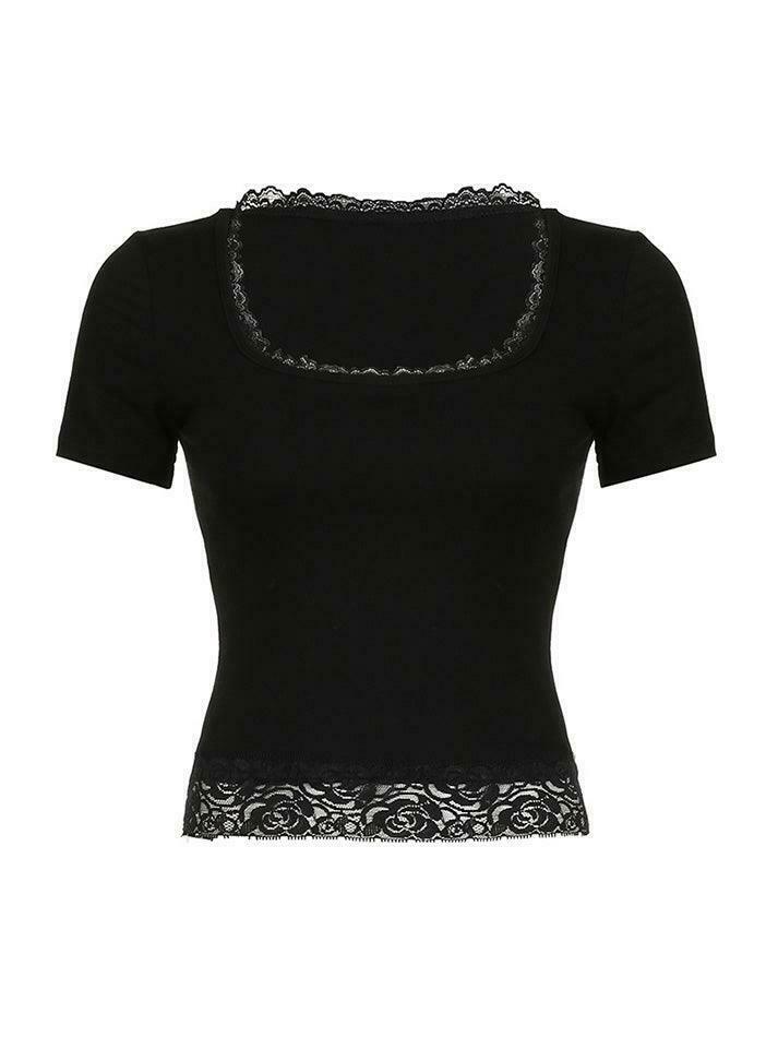 Y2K Lace Trim Square Neck Crop Tee - Coquette Aesthetic Grunge Style - Cute Pastel Goth Top