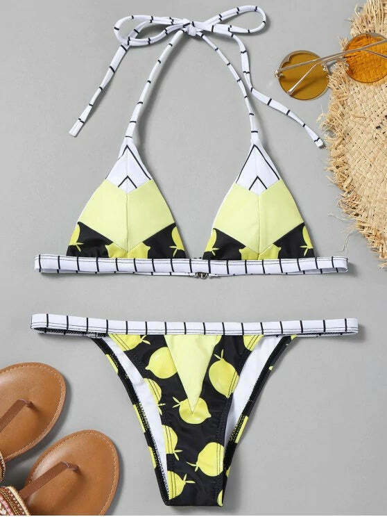 Y2K Lemon Print String Bikini Set - Coquette Aesthetic Swimwear for Women