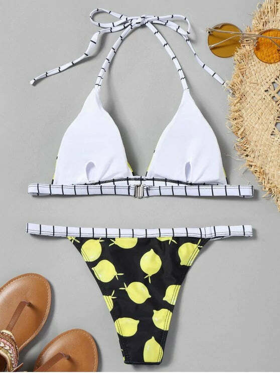 Y2K Lemon Print String Bikini Set - Coquette Aesthetic Swimwear for Women