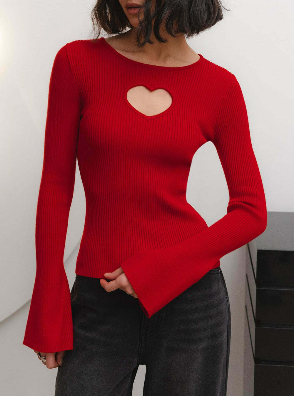 Y2K Love Hollow Knitted Short Top Sweater - Coquette Aesthetic Grunge Style