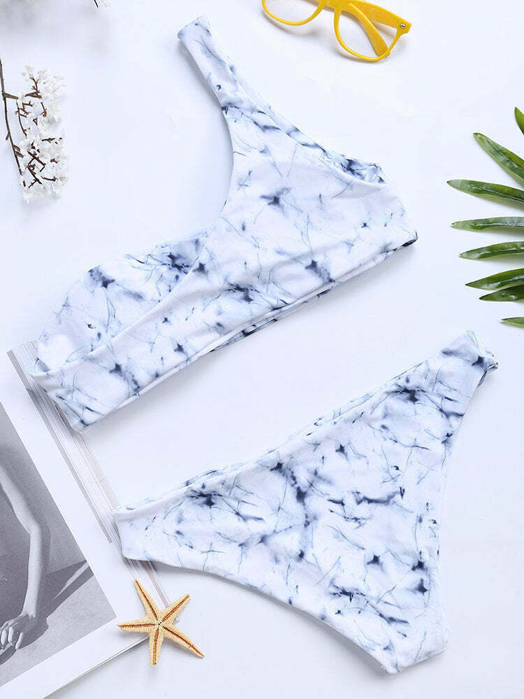 Y2K Marble Swimsuit: Soft Backless Bikinis with Single Strap - Niche Women Fashion