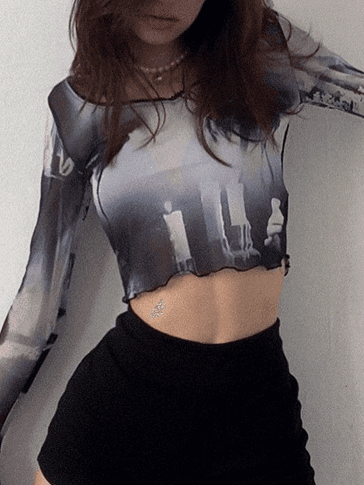 Y2K Mesh Blouse with Cropped Flare Cuffs - Coquette Aesthetic Fashion for Women