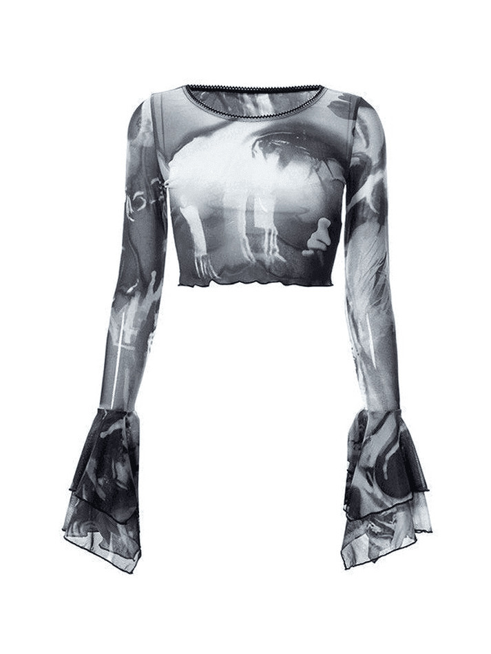 Y2K Mesh Blouse with Cropped Flare Cuffs - Coquette Aesthetic Fashion for Women