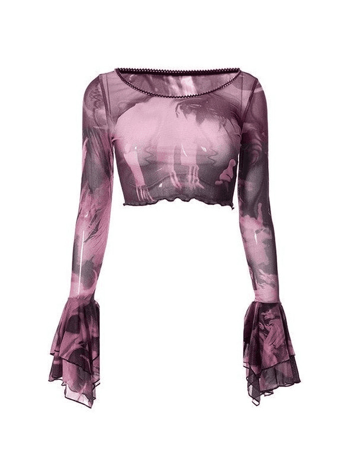 Y2K Mesh Blouse with Cropped Flare Cuffs - Coquette Aesthetic Fashion for Women