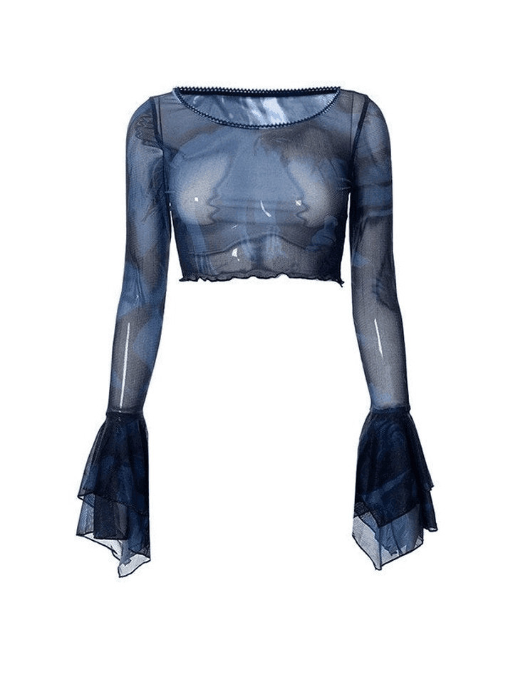 Y2K Mesh Blouse with Cropped Flare Cuffs - Coquette Aesthetic Fashion for Women