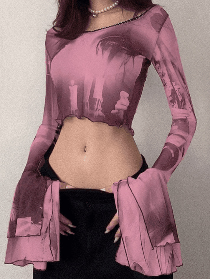 Y2K Mesh Blouse with Cropped Flare Cuffs - Coquette Aesthetic Fashion for Women