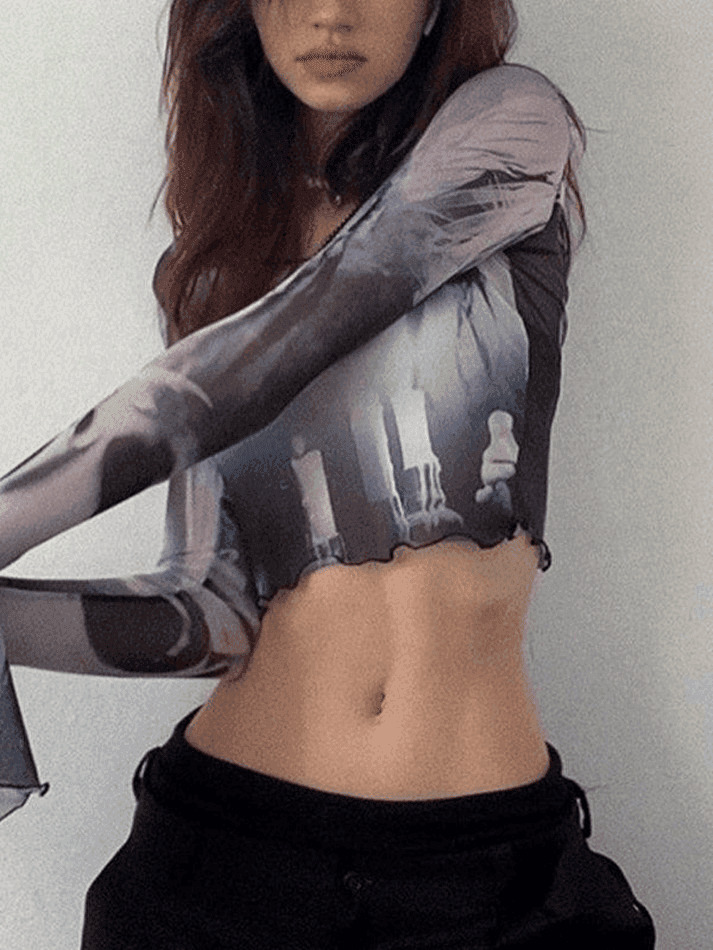Y2K Mesh Blouse with Cropped Flare Cuffs - Coquette Aesthetic Fashion for Women
