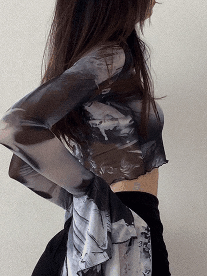 Y2K Mesh Blouse with Cropped Flare Cuffs - Coquette Aesthetic Fashion for Women
