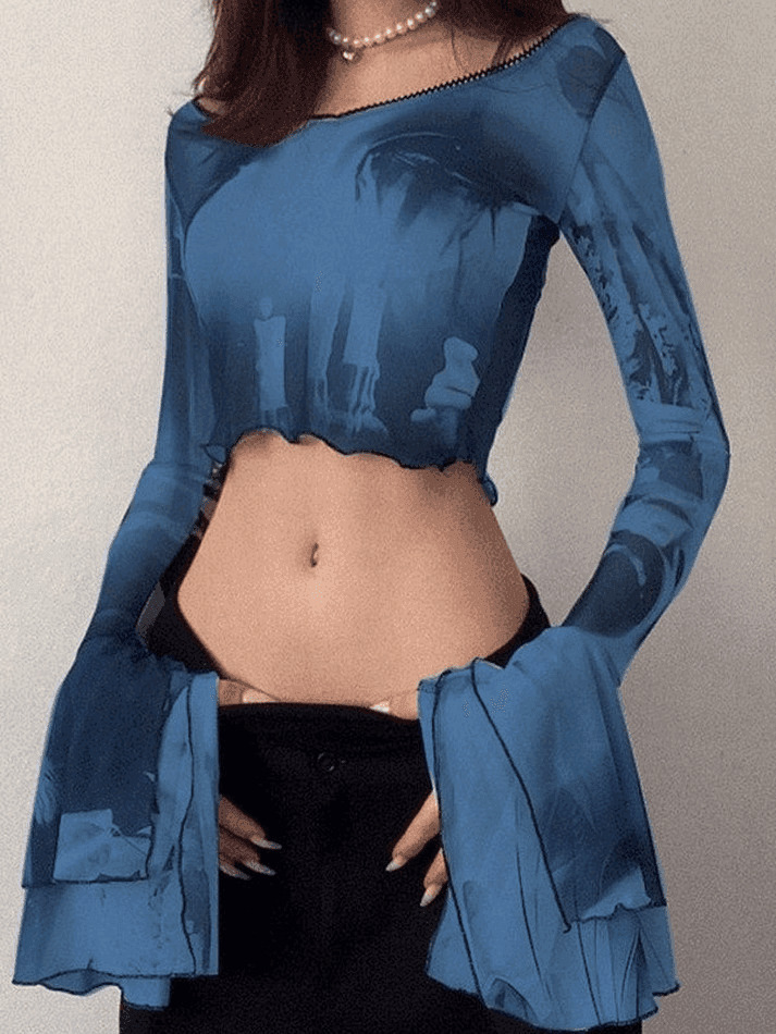 Y2K Mesh Blouse with Cropped Flare Cuffs - Coquette Aesthetic Fashion for Women