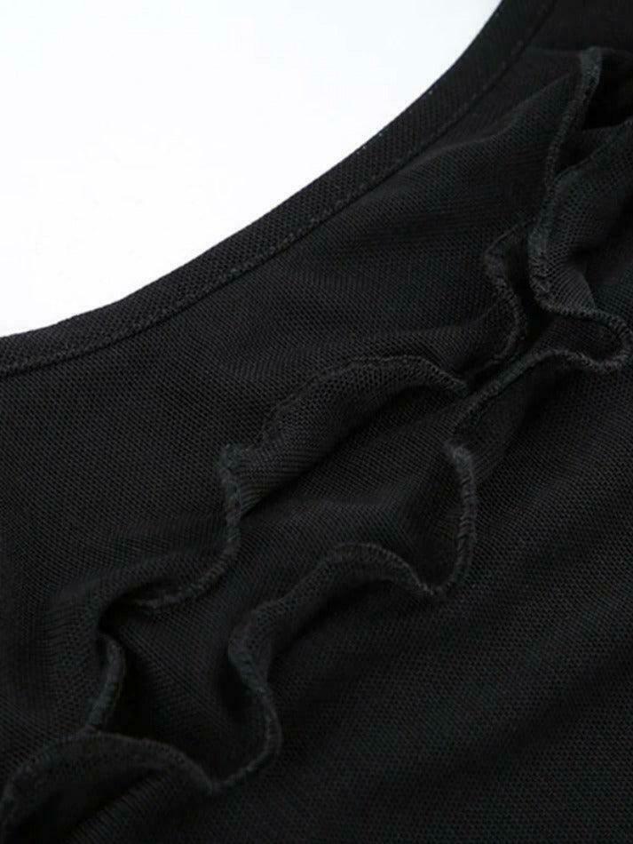 Y2K Mesh Cami Top with Ruffle Splice - Coquette Grunge Aesthetic