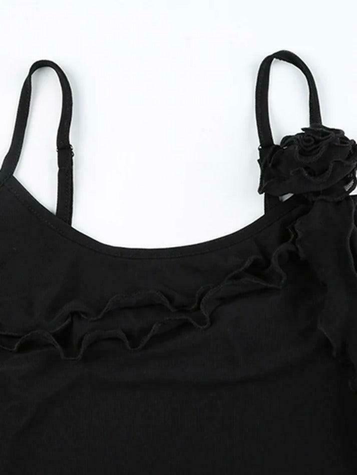 Y2K Mesh Cami Top with Ruffle Splice - Coquette Grunge Aesthetic