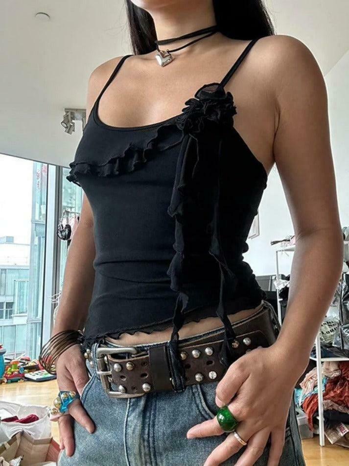Y2K Mesh Cami Top with Ruffle Splice - Coquette Grunge Aesthetic