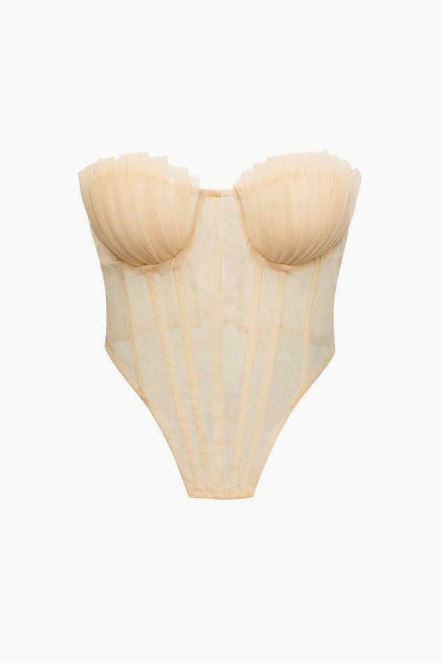 Y2K Mesh Corset Strapless Top with Tie-Back Detail