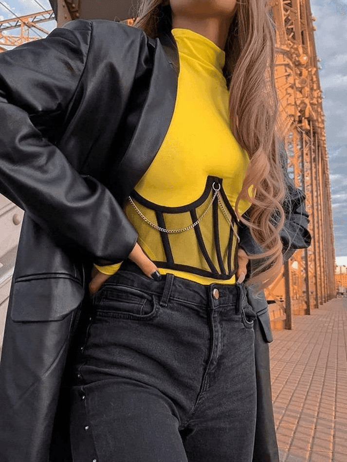 Y2K Mesh Corset Top with Chain Embellishments - Coquette Aesthetic Grunge Style