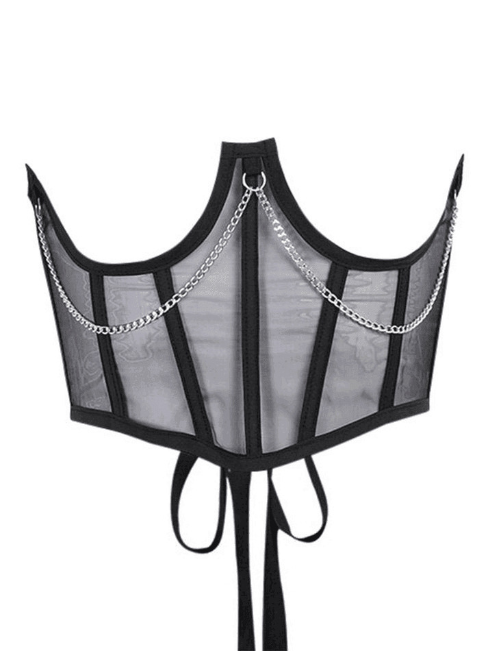 Y2K Mesh Corset Top with Chain Embellishments - Coquette Aesthetic Grunge Style
