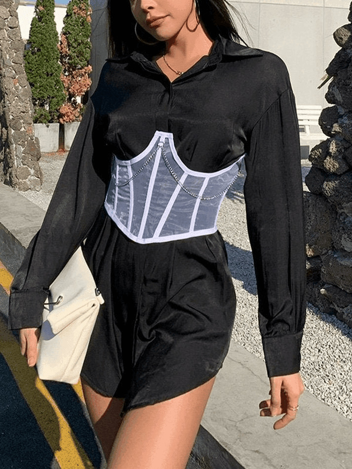 Y2K Mesh Corset Top with Chain Embellishments - Coquette Aesthetic Grunge Style