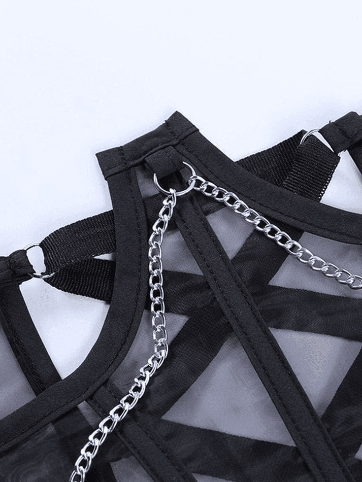 Y2K Mesh Corset Top with Chain Embellishments - Coquette Aesthetic Grunge Style