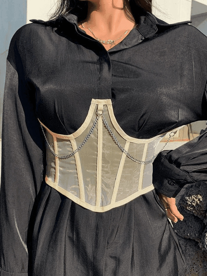 Y2K Mesh Corset Top with Chain Embellishments - Coquette Aesthetic Grunge Style