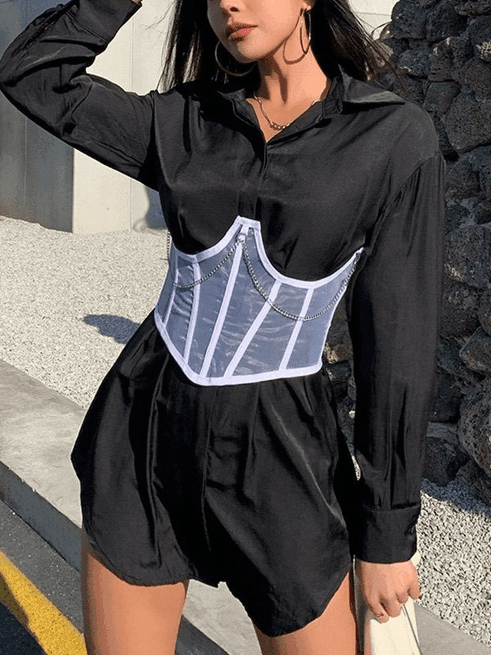 Y2K Mesh Corset Top with Chain Embellishments - Coquette Aesthetic Grunge Style