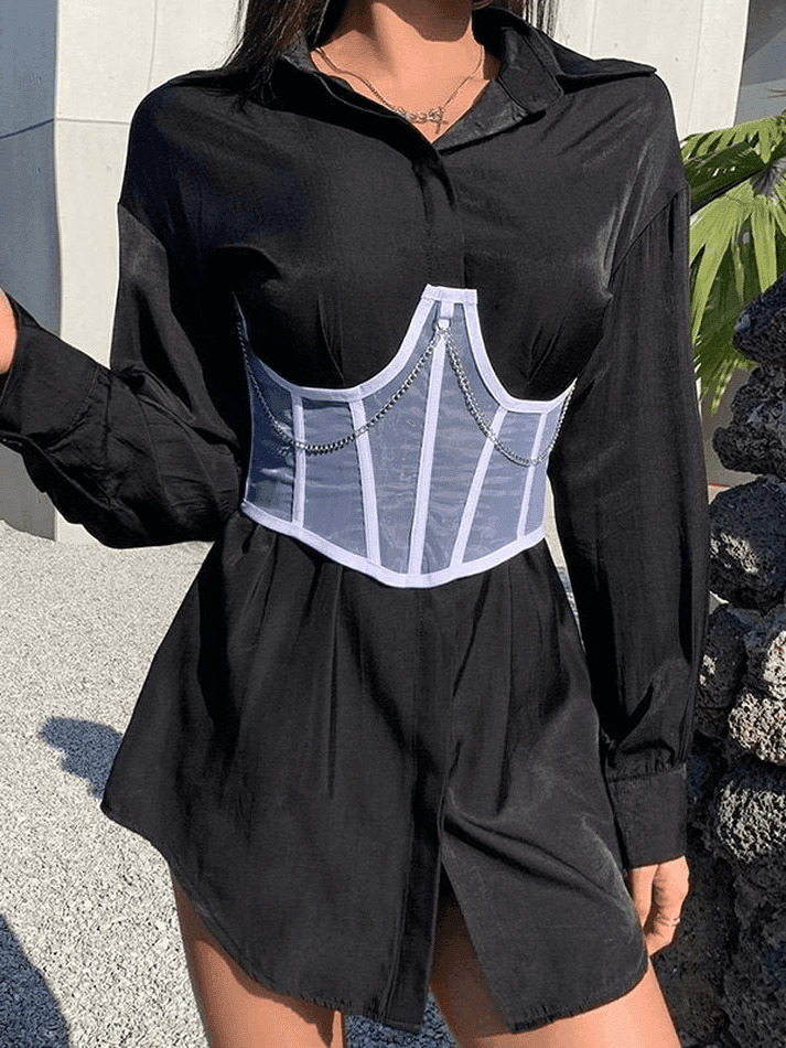 Y2K Mesh Corset Top with Chain Embellishments - Coquette Aesthetic Grunge Style