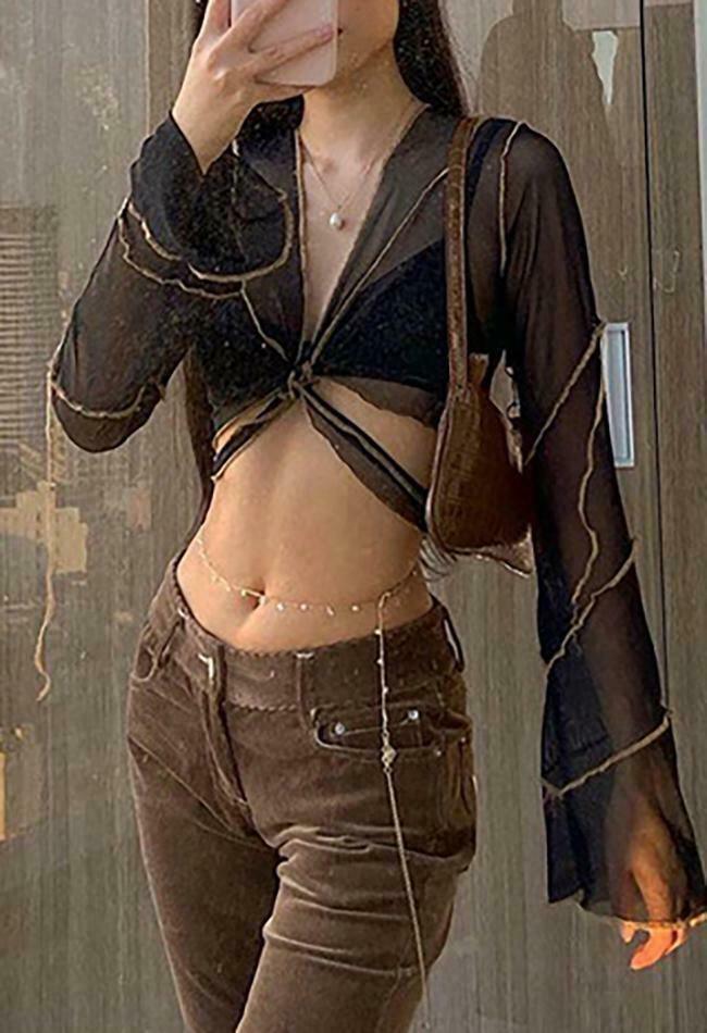 Y2K Mesh Crop Blouse: Coquette Grunge Aesthetic - Cute Tops & Cargo Skirt Combinations