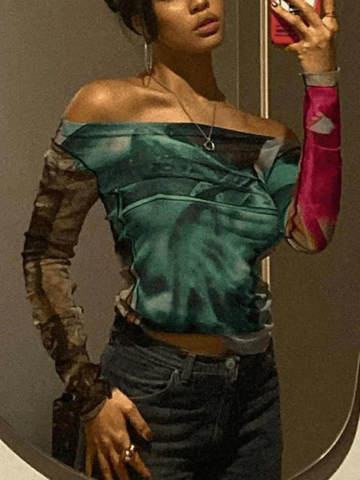 Y2K Mesh Crop Top: Coquette Aesthetic Off-Shoulder Print - Grunge Style, Cute Tops, Pastel Goth