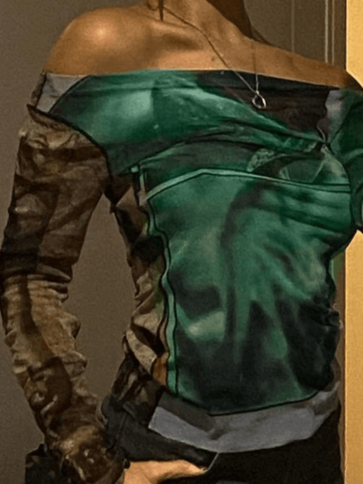 Y2K Mesh Crop Top: Coquette Aesthetic Off-Shoulder Print - Grunge Style, Cute Tops, Pastel Goth