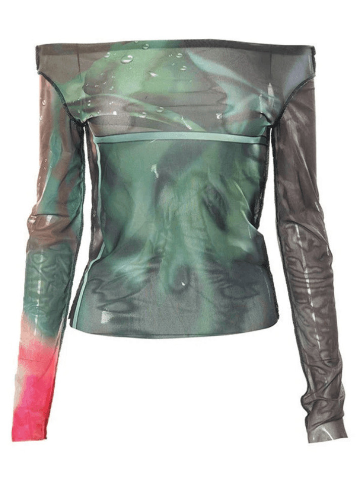 Y2K Mesh Crop Top: Coquette Aesthetic Off-Shoulder Print - Grunge Style, Cute Tops, Pastel Goth