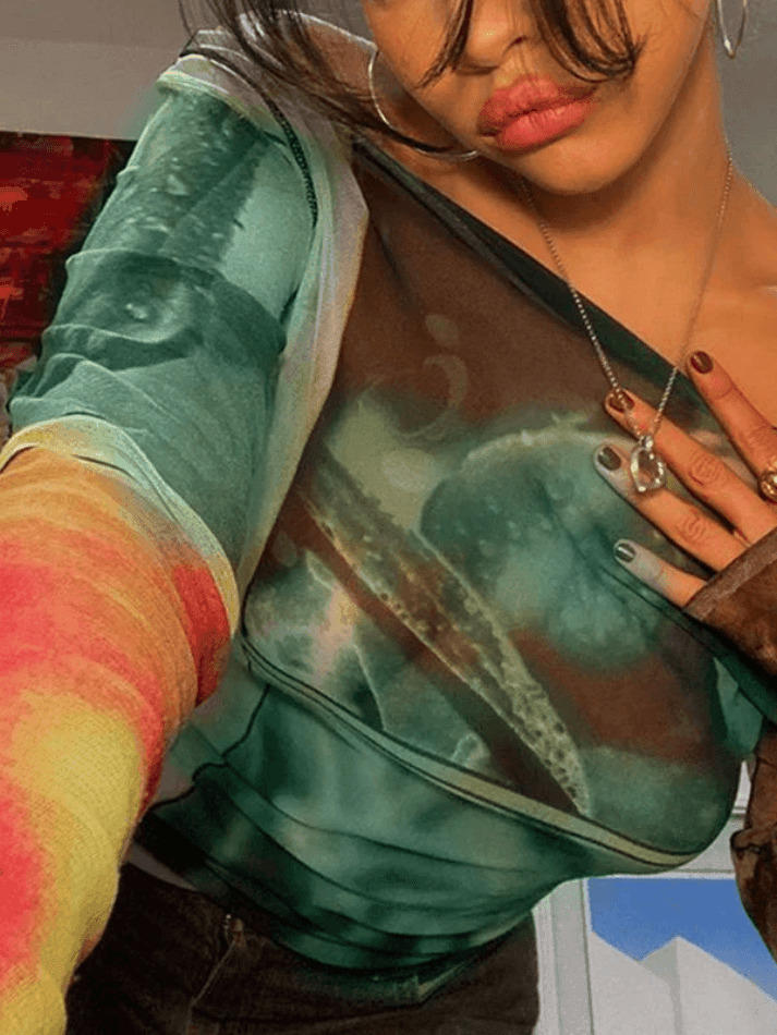 Y2K Mesh Crop Top: Coquette Aesthetic Off-Shoulder Print - Grunge Style, Cute Tops, Pastel Goth