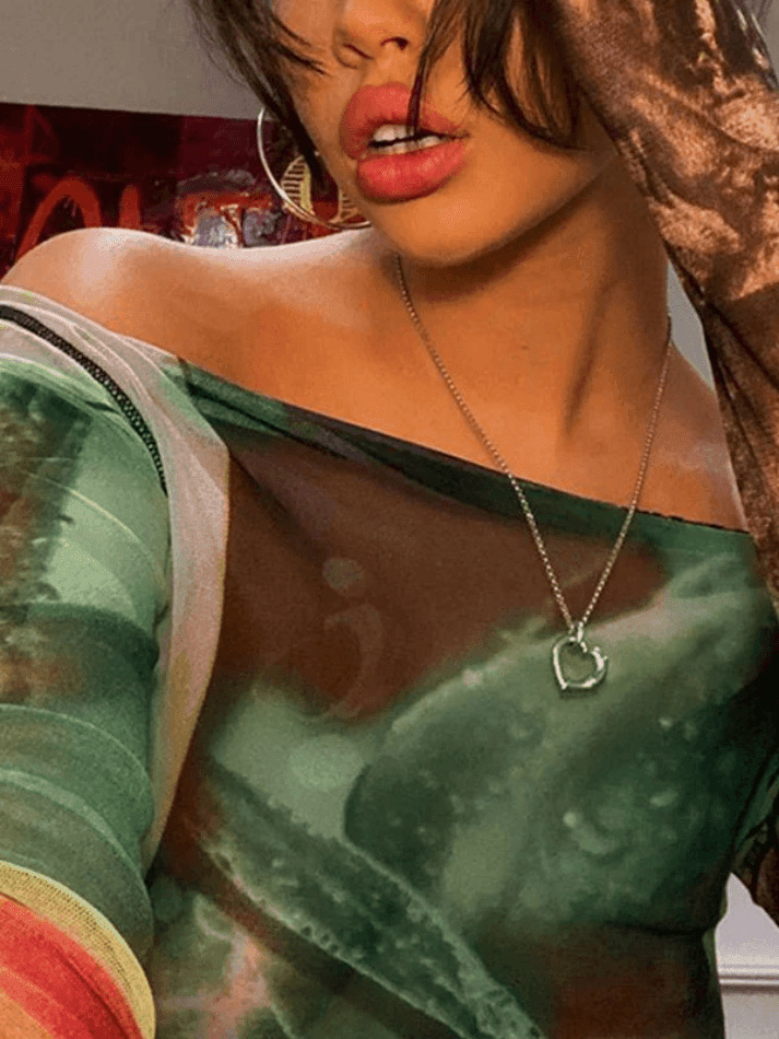 Y2K Mesh Crop Top: Coquette Aesthetic Off-Shoulder Print - Grunge Style, Cute Tops, Pastel Goth