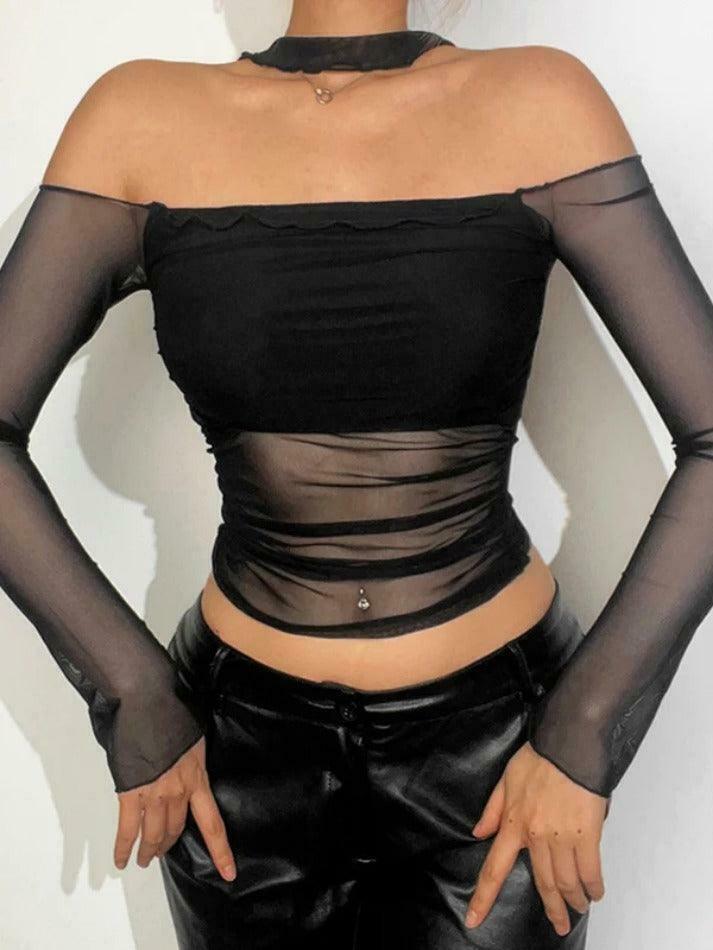 Y2K Mesh Halter Long Sleeve Tee: Coquette Aesthetic, Grunge Style, Pastel Goth, Cute Tops