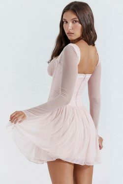 Y2K Mesh Lace Spliced Fishbone French Dress - Coquette Aesthetic, Grunge Style