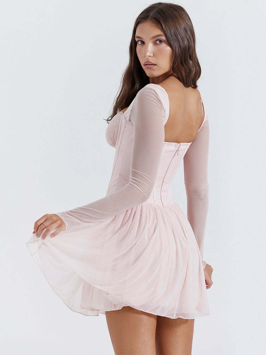 Y2K Mesh Lace Spliced Fishbone French Dress - Coquette Aesthetic, Grunge Style