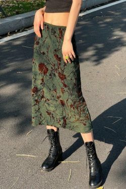 Y2K Mesh Lining Vintage Floral Midi Skirt - Coquette Aesthetic Grunge Style Women's Fashion