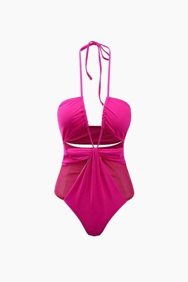 Y2K Mesh Panel Swimsuit: Coquette Aesthetic Halter Neck Cut Out for Women's Fashion