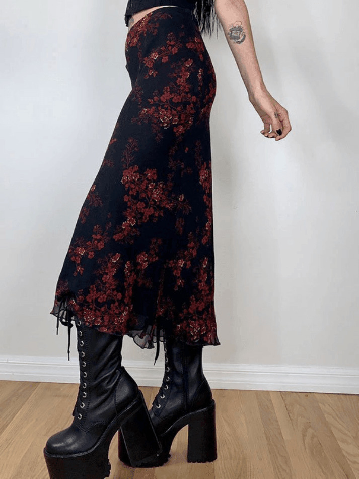 Y2K Mesh Paneled Floral Midi Skirt - Coquette Aesthetic Grunge Style for Women