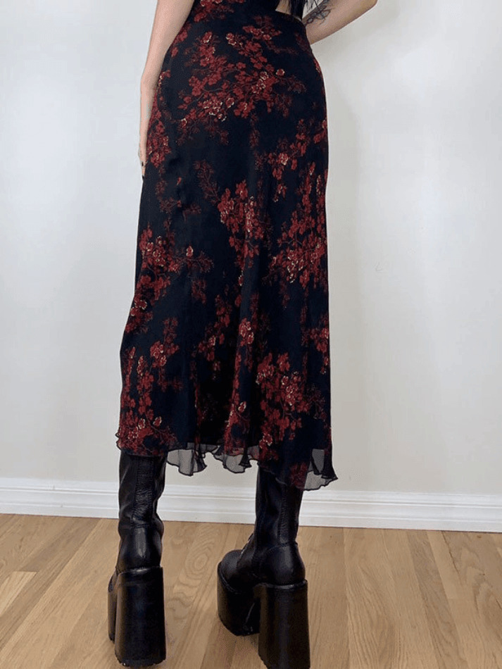 Y2K Mesh Paneled Floral Midi Skirt - Coquette Aesthetic Grunge Style for Women