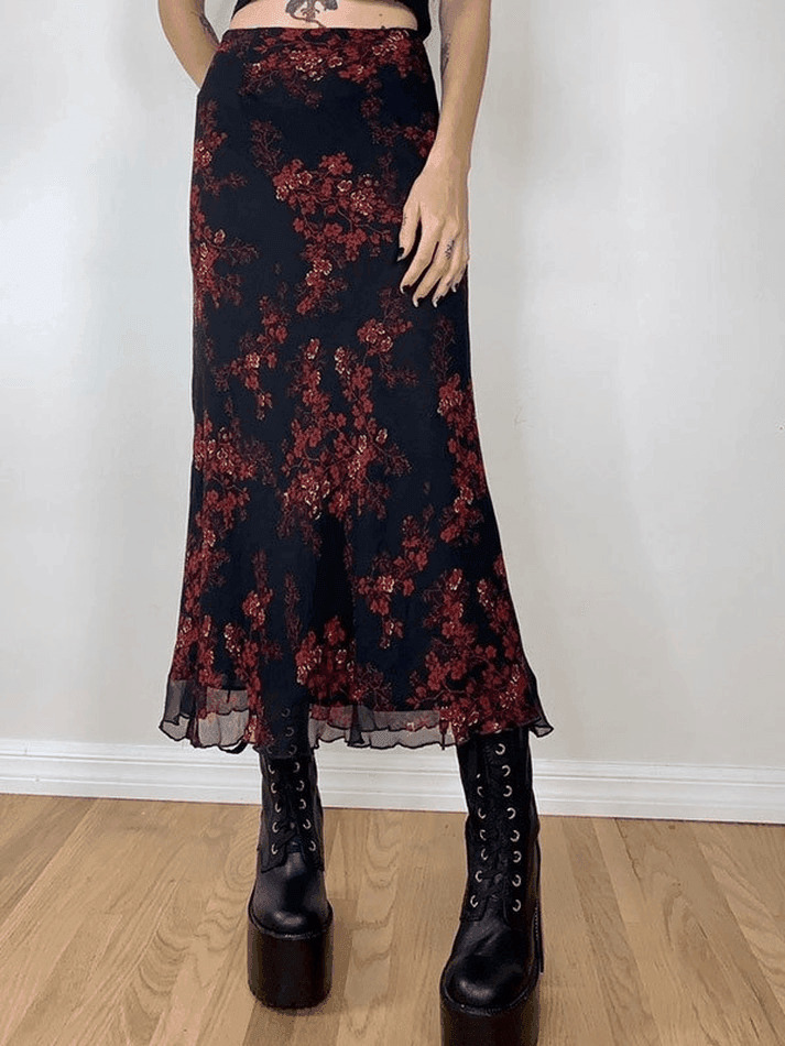Y2K Mesh Paneled Floral Midi Skirt - Coquette Aesthetic Grunge Style for Women
