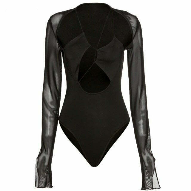 Y2K Mesh Patchwork Cut Out Bodysuit - Coquette Aesthetic Grunge Style Fashion