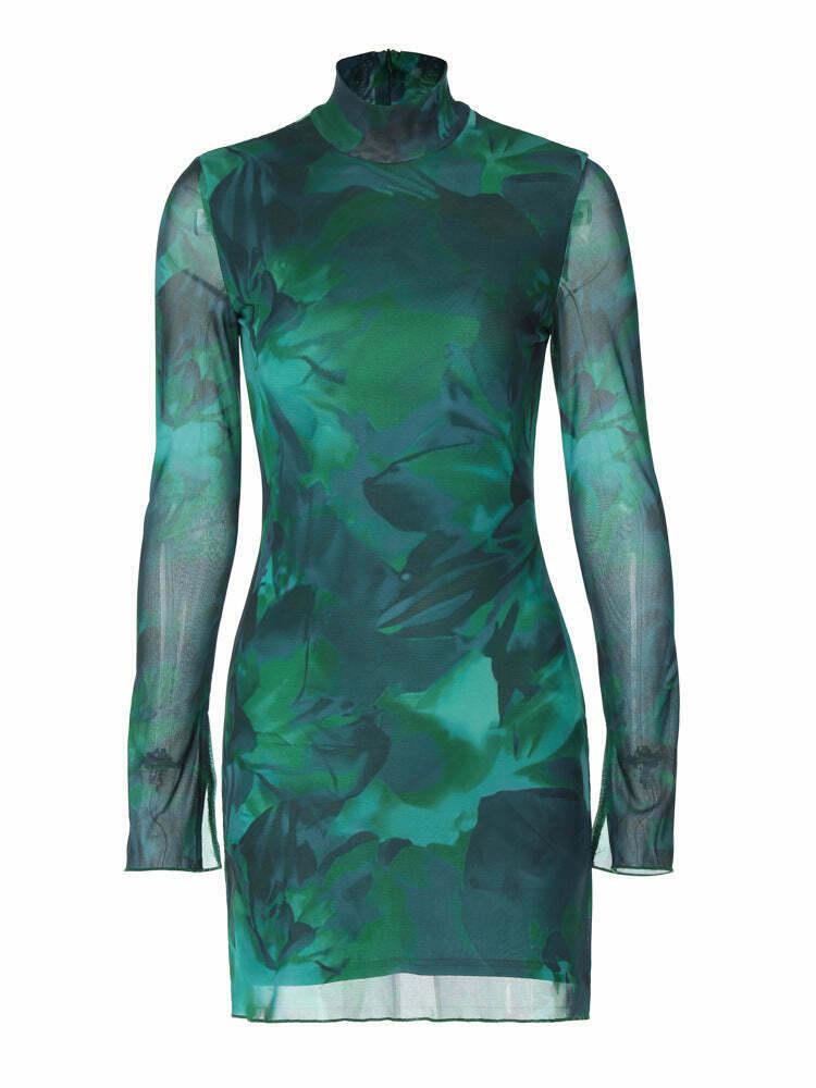 Y2K Mesh Printed Slim Dress - Coquette Aesthetic, Grunge Style, Pastel Goth