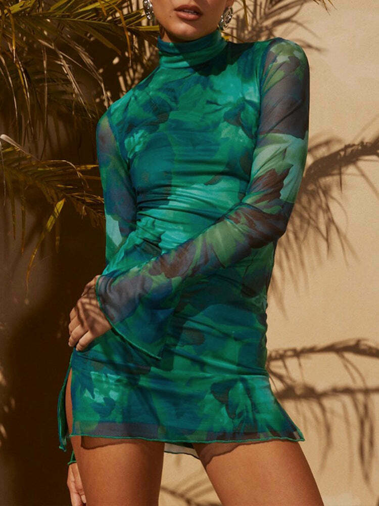 Y2K Mesh Printed Slim Dress - Coquette Aesthetic, Grunge Style, Pastel Goth