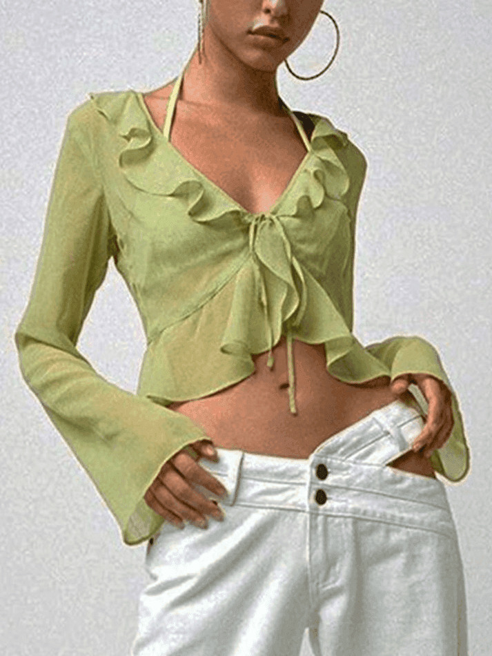 Y2K Mesh Ruffle Crop Top: Coquette Aesthetic Grunge Style, Cute Pastel Goth Fashion