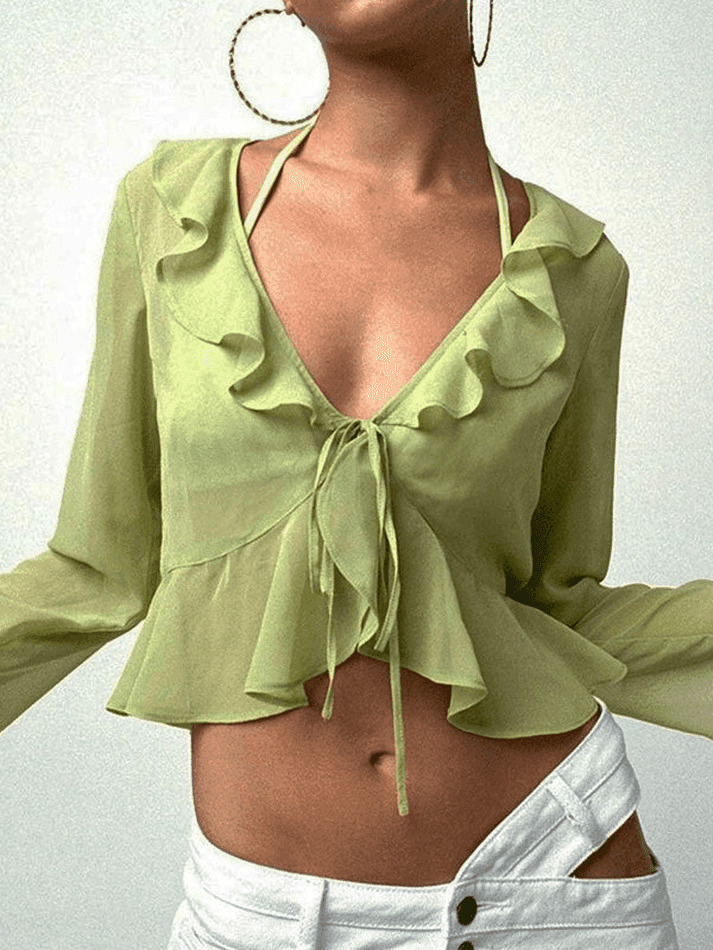 Y2K Mesh Ruffle Crop Top: Coquette Aesthetic Grunge Style, Cute Pastel Goth Fashion