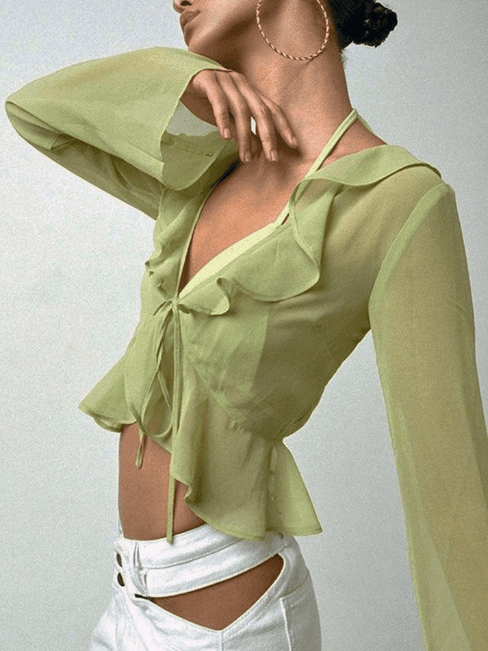 Y2K Mesh Ruffle Crop Top: Coquette Aesthetic Grunge Style, Cute Pastel Goth Fashion
