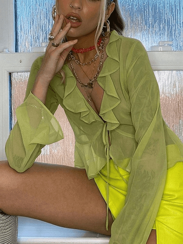 Y2K Mesh Ruffle Crop Top: Coquette Aesthetic Grunge Style, Cute Pastel Goth Fashion
