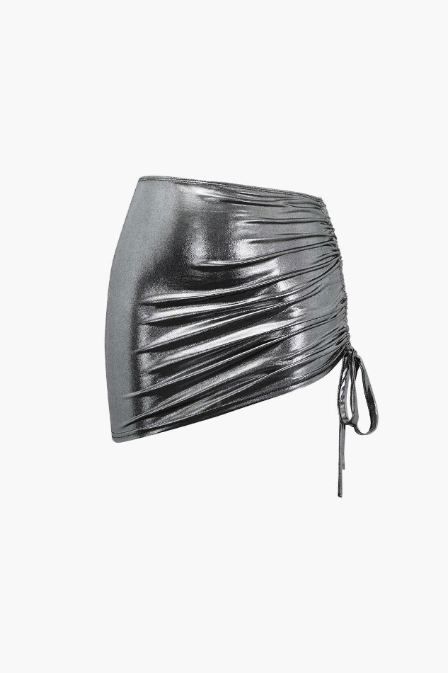 Y2K Metallic Drawstring Ruched Cami & Mini Skirt Set - Coquette Aesthetic, Grunge Style, Pastel Goth
