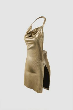 Y2K Metallic Halter Backless Slit Mini Dress - Coquette Aesthetic, Grunge