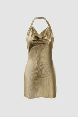 Y2K Metallic Halter Backless Slit Mini Dress - Coquette Aesthetic, Grunge